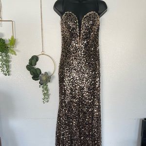 Black and Gold Sequin Prom Dress w/ Lace Corset Backing